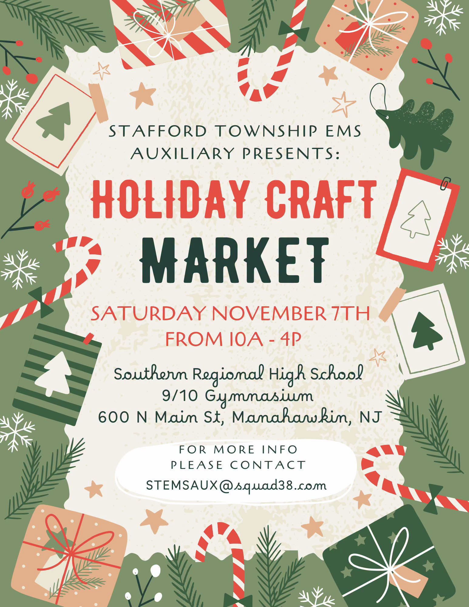 holiday craft market flyer with a border of presents, candy canes and pine needles