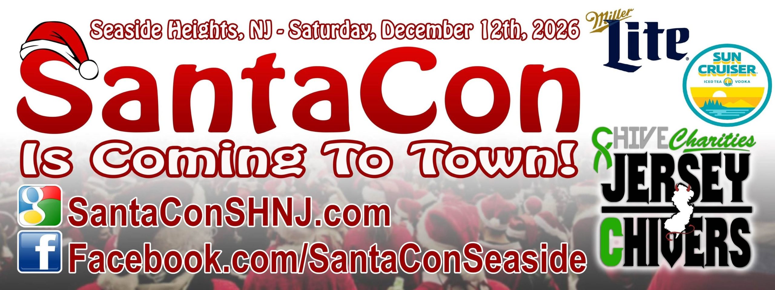 Santacon 2026 flyer with Christmas ornaments and colored lights