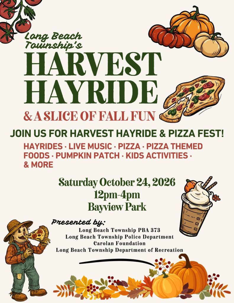 Harvest Hayride flyer with a scarecrow eating a piece of pizza, tomatos, pumpkins, fall leaves and a cold coffee with straws, a pumpkin and whipped cream
