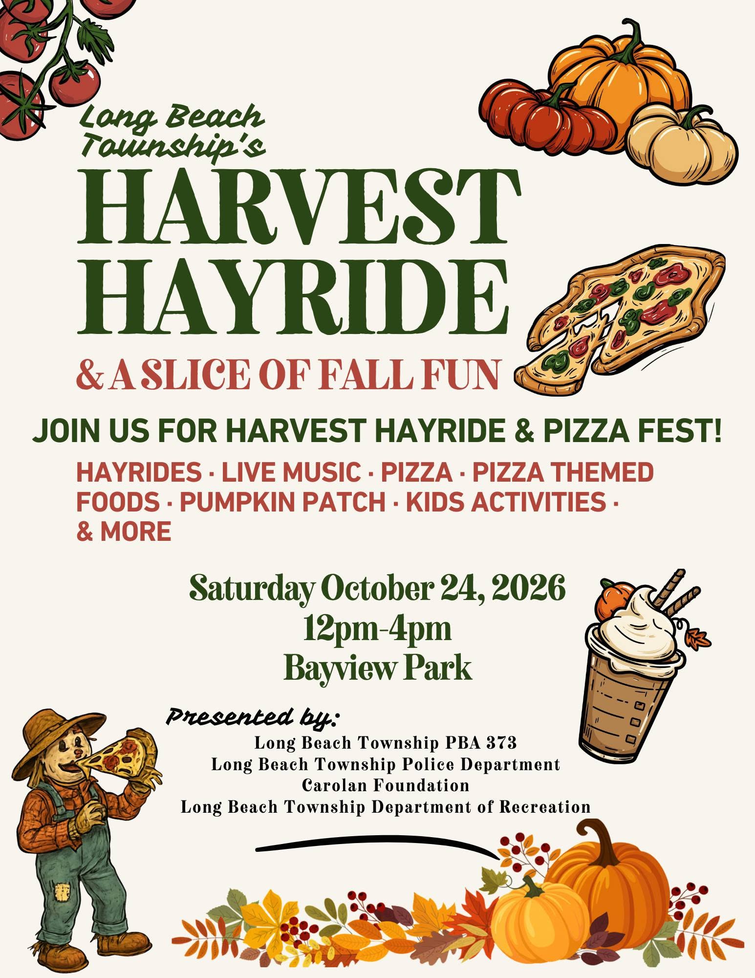 Harvest Hayride flyer with a scarecrow eating a piece of pizza, tomatos, pumpkins, fall leaves and a cold coffee with straws, a pumpkin and whipped cream