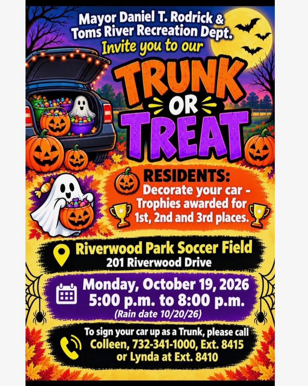 trunk or treat flyer for Toms River with graphic of a trunk filled with candy and a ghost holding a Halloween bucket