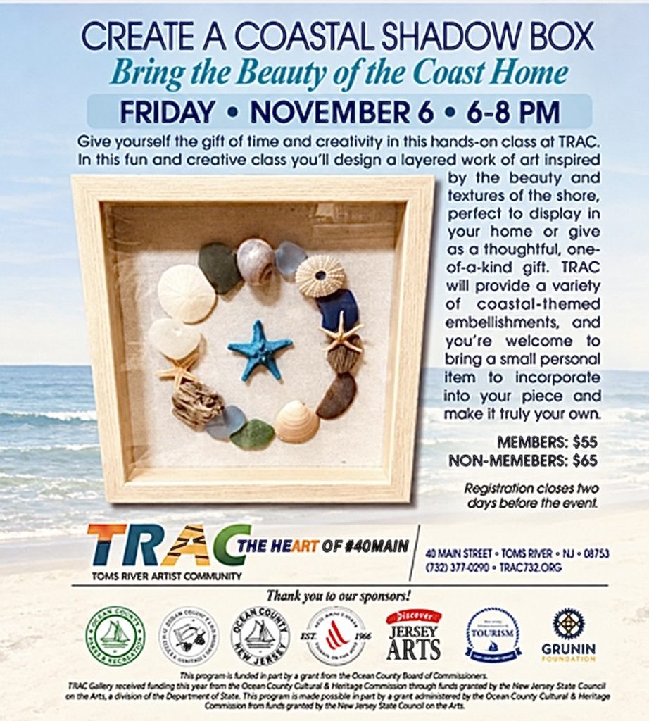 coastal shadow box flyer with a beach image as the background and a shadow cox with seashells and a blue star