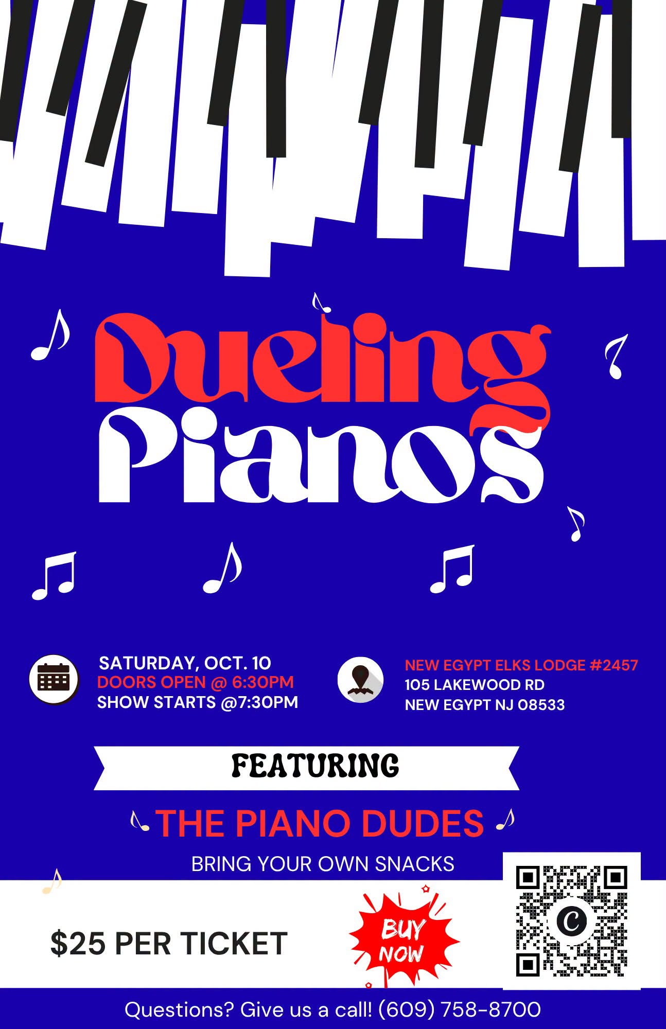 Dueling Pianos flyer with piano keys