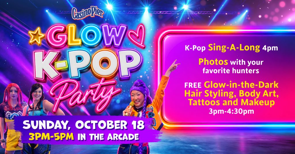 K-Pop Glow Party flyer with a stage as the background and two people singing into microphones 
