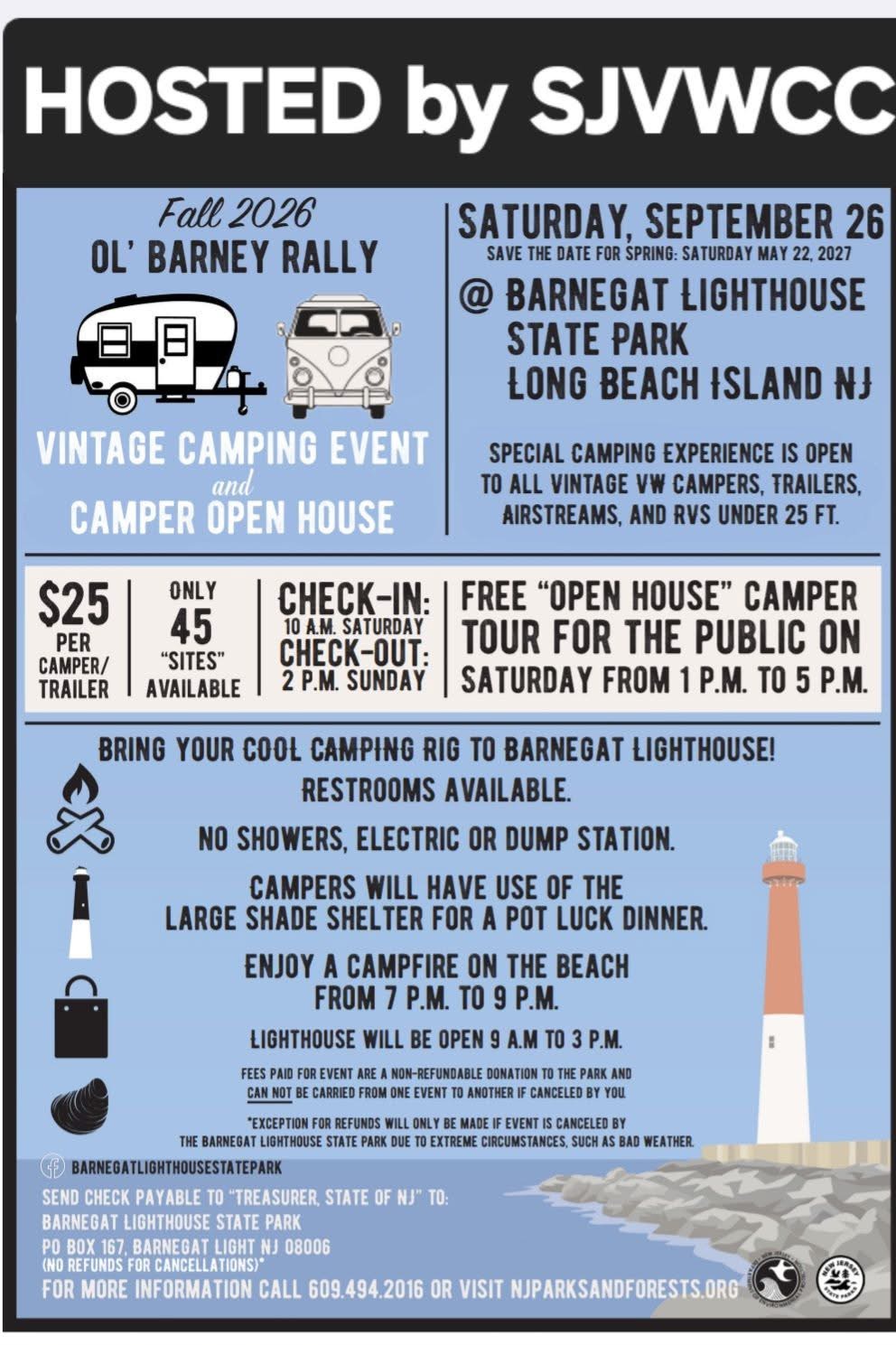 Camping event flyer on a blue background with a picture of a red and white lighthouse