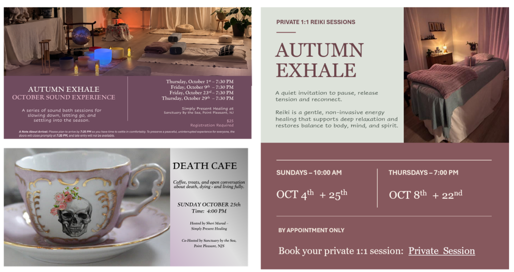 Promotional graphic featuring four October wellness and community events in Point Pleasant, NJ: Autumn Exhale sound bath sessions on October 1, 9, 17, and 29; private 1:1 Reiki sessions; a Death Café discussion on October 25 at 4 p.m.; and additional private Reiki sessions on October 4, 8, 22, and 25. Events are hosted or co-hosted by Sanctuary by the Sea.