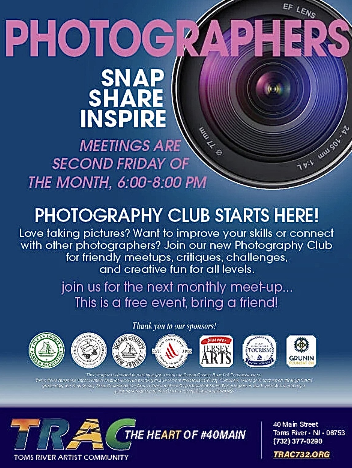 Photography club flyer on a blue background with a picture of a camera lens