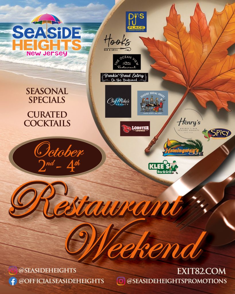 Seaside Heights restaurant weekend flyer with graphic of the ocean, a fall leaf on a plate and utensils