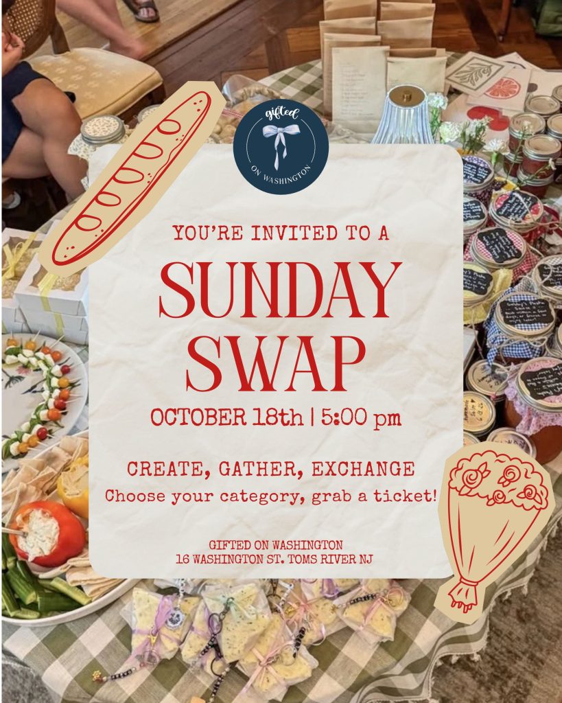 Sunday Swap flyer for Gifted on Washington. Each person will bring a set number of homemade / handcrafted items to swap with the other attendees, and everyone leaves with a bunch of new goodies