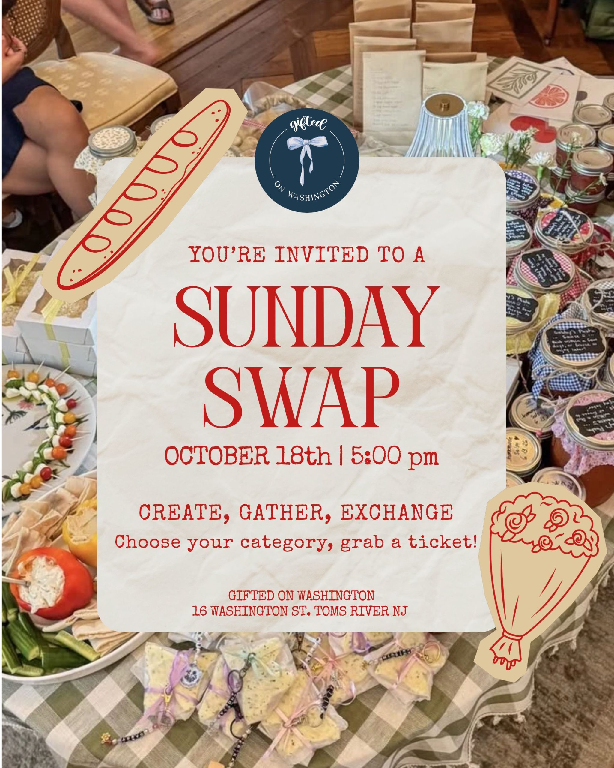 Sunday Swap flyer for Gifted on Washington. Each person will bring a set number of homemade / handcrafted items to swap with the other attendees, and everyone leaves with a bunch of new goodies