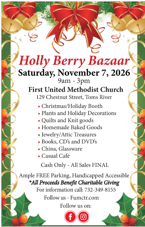 Holly Berry Bazaar flyer with holly and berries around the border and a gold bell with a red bow at the top