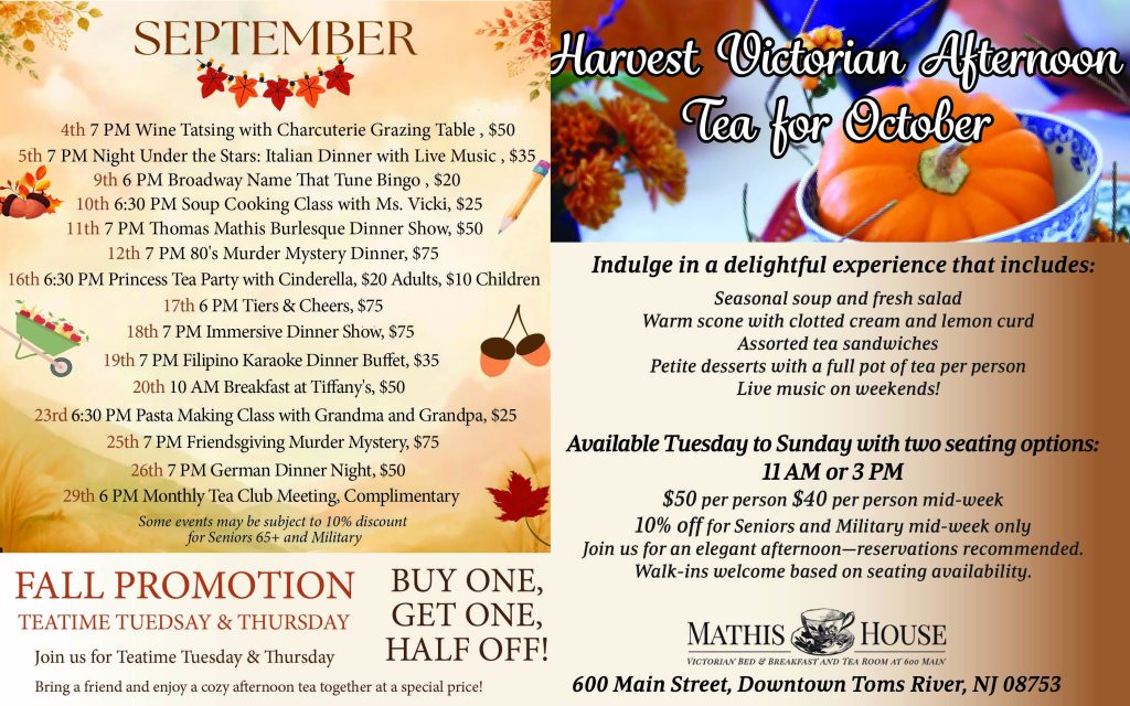 Harvest victorian afternoon tea flyer with a photo of a pumpkin in a bowl and fall themed background