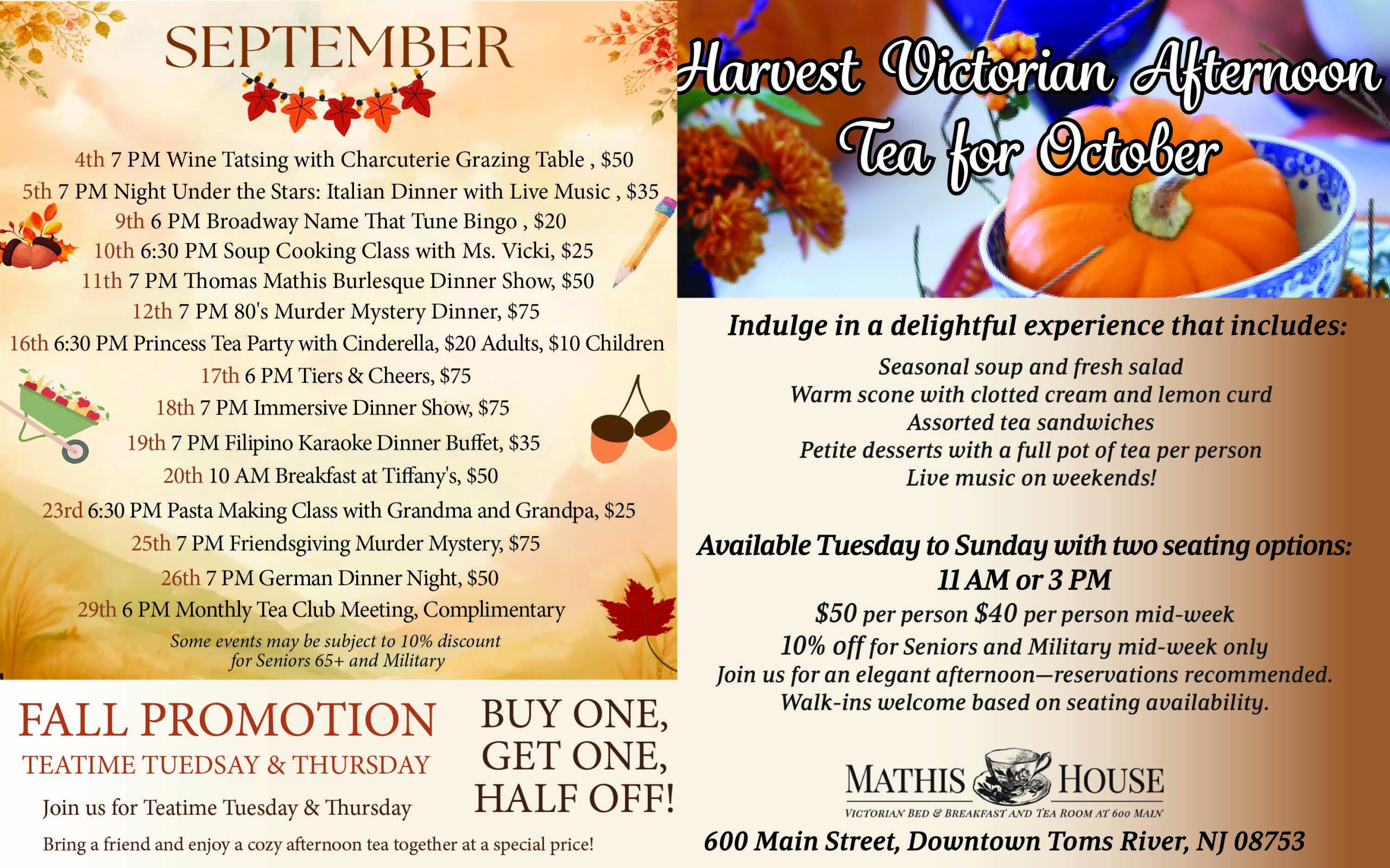 Harvest victorian afternoon tea flyer with a photo of a pumpkin in a bowl and fall themed background