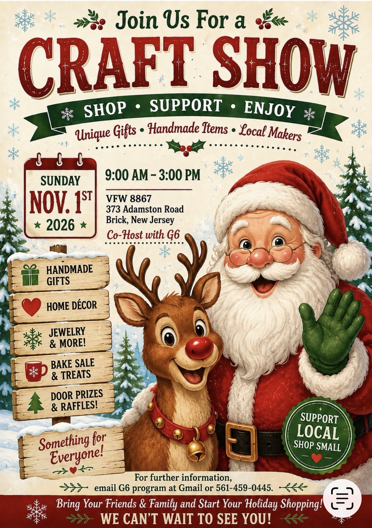 craft show flyer with Santa Claus and a Reindeer