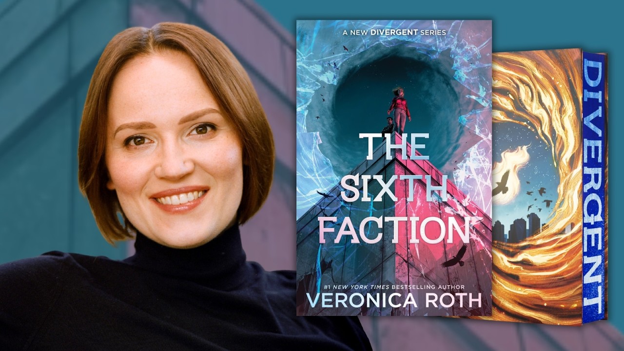 photo of a woman with short hair with her book featured next her reading The Sixth Faction