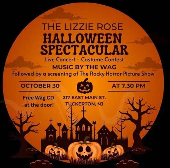 Halloween spectacular flyer with a graphic of a haunted house, bare trees and pumpkins on an orange circle background