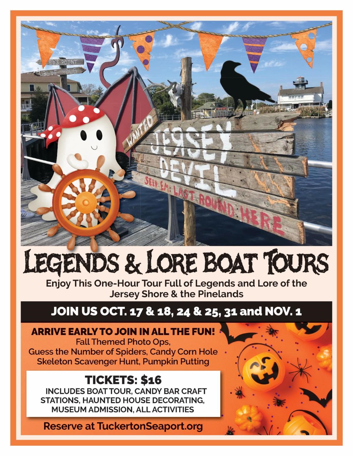 Legends & Lore boat tour flyer with photo of Tuckerton Seaport dock with a Jersey Devil Wanted sign