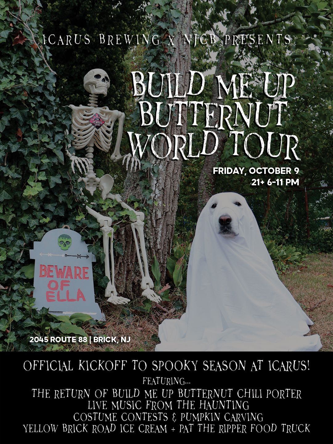 Flyer with a photo of a skeleton decoration sitting in bushes with a tombstone next to it reading Beware of Ella and a dog dressed up as a ghost