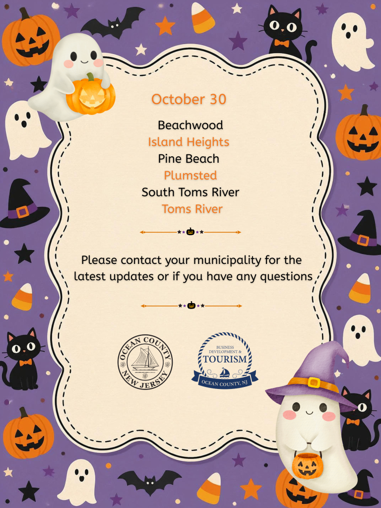 Halloween-themed flyer titled “Trick or Treat in Ocean County,” listing municipalities with trick-or-treating on October 31. The locations are Barnegat, Barnegat Light, Bay Head, Beach Haven, Berkeley, Brick, Eagleswood, Jackson, Lacey, Lakehurst, Lakewood, Lavallette, Little Egg Harbor, Long Beach Township, Manchester, Mantoloking, Ocean Gate, Waretown, Point Pleasant Beach, Point Pleasant, Seaside Heights, Seaside Park, Ship Bottom, Stafford, Surf City, and Tuckerton. The flyer features a purple background with cartoon ghosts, black cats, bats, pumpkins, candy corn, stars, and witch hats.