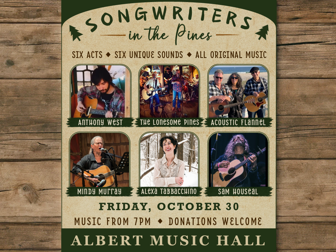 Songwriters in the pines flyer on a wooden board background