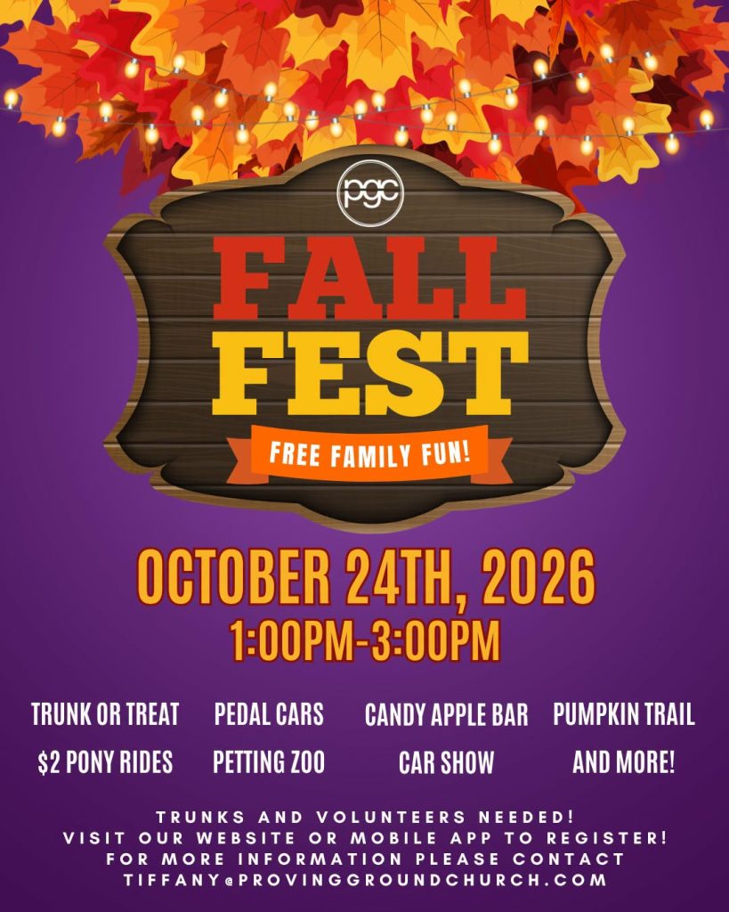 Fall Fest flyer on a purple background with fall colored leaves at the top and string lights 
