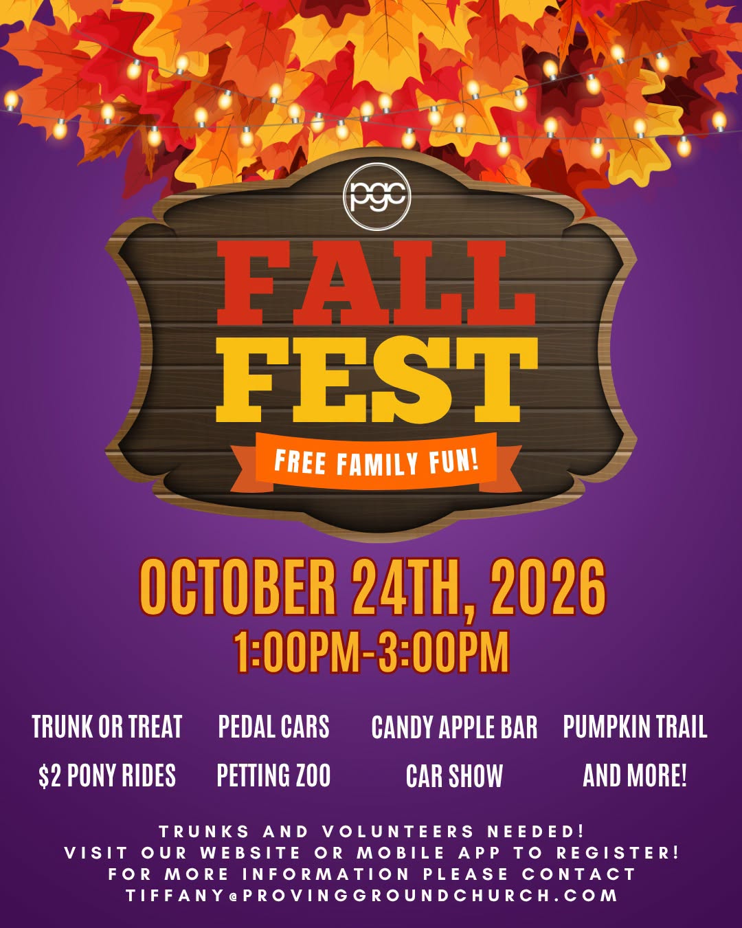 Fall Fest flyer on a purple background with fall colored leaves at the top and string lights