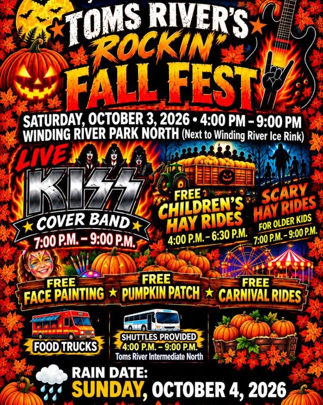 Colorful Halloween-themed flyer for Toms River’s Rockin’ Fall Fest on Saturday, October 3, 2026, from 4–9 p.m. at Winding River Park North. Features a live KISS cover band from 7–9 p.m., free children’s hayrides, scary hayrides, face painting, pumpkin patch, carnival rides, food trucks, and shuttle service. Rain date is Sunday, October 4, 2026.