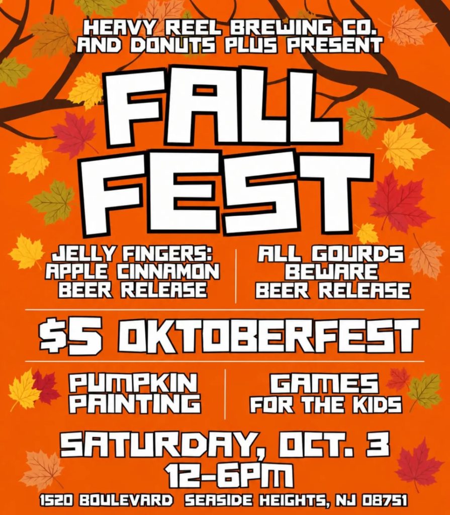 Fall fest flyer on an orange background with red, brown, and yellow leaves falling from tree branches 