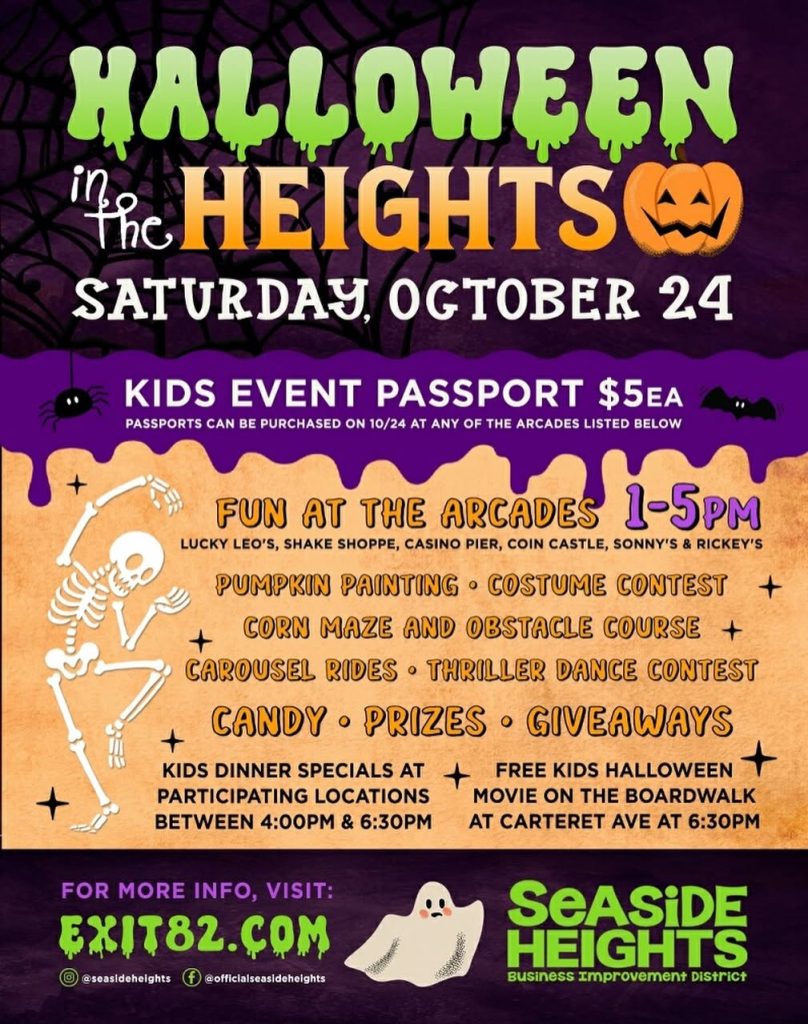 Halloween in the Heights event flyer for Saturday, October 24. Kids Event Passports are $5 each and include activities from 1–5 p.m. at participating Seaside Heights arcades, including pumpkin painting, a costume contest, corn maze and obstacle course, carousel rides, thriller dance contest, candy, prizes and giveaways. Kids dinner specials are offered from 4–6:30 p.m., followed by a free kids Halloween movie on the boardwalk at 6:30 p.m.
