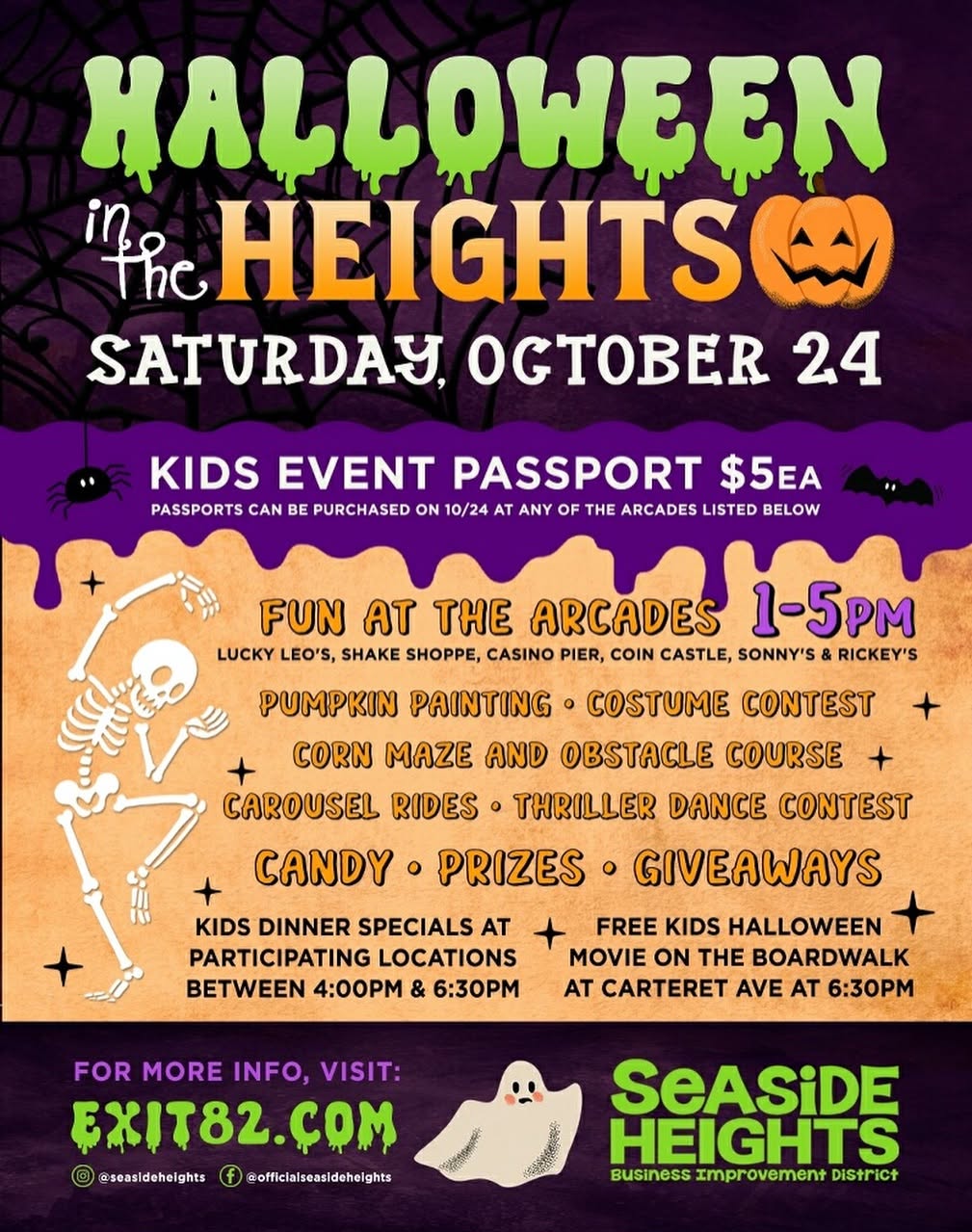 Halloween in the Heights event flyer for Saturday, October 24. Kids Event Passports are $5 each and include activities from 1–5 p.m. at participating Seaside Heights arcades, including pumpkin painting, a costume contest, corn maze and obstacle course, carousel rides, thriller dance contest, candy, prizes and giveaways. Kids dinner specials are offered from 4–6:30 p.m., followed by a free kids Halloween movie on the boardwalk at 6:30 p.m.