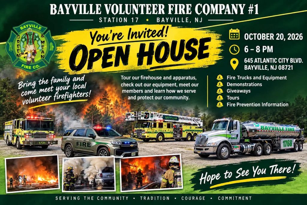 Bayville Fire Company #1 open house flyer with emergency vehicles
