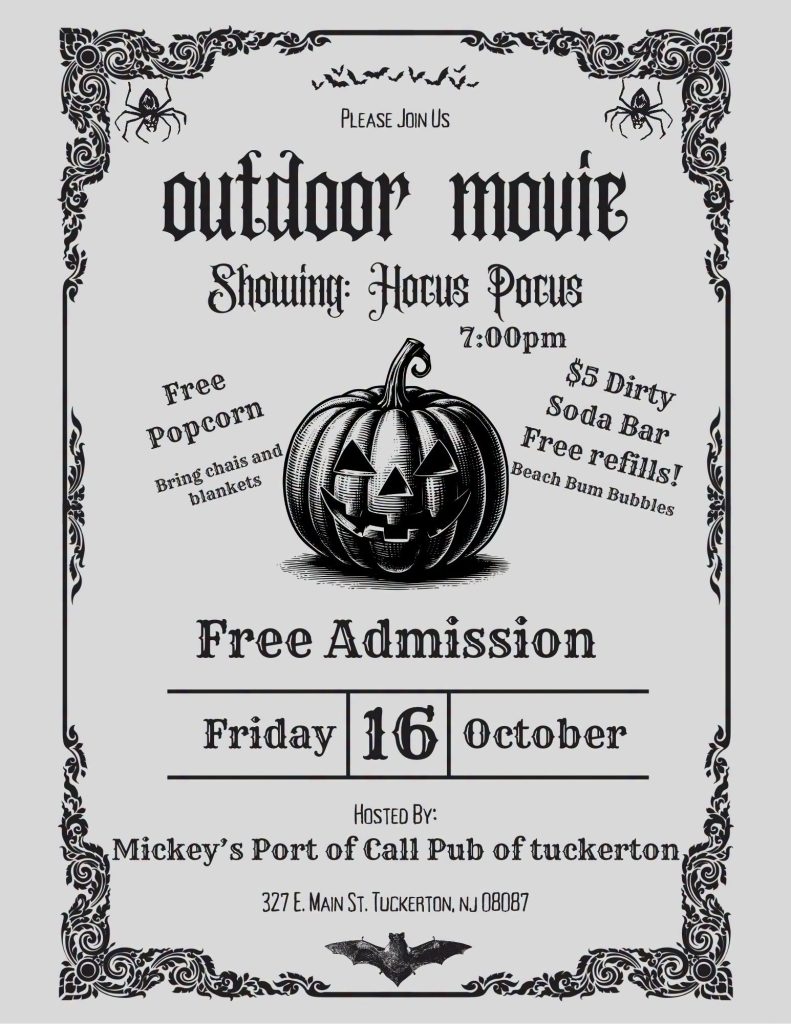 outdoor movie flyer on a gray and black flyer with a jack o lantern, spiders and a bat