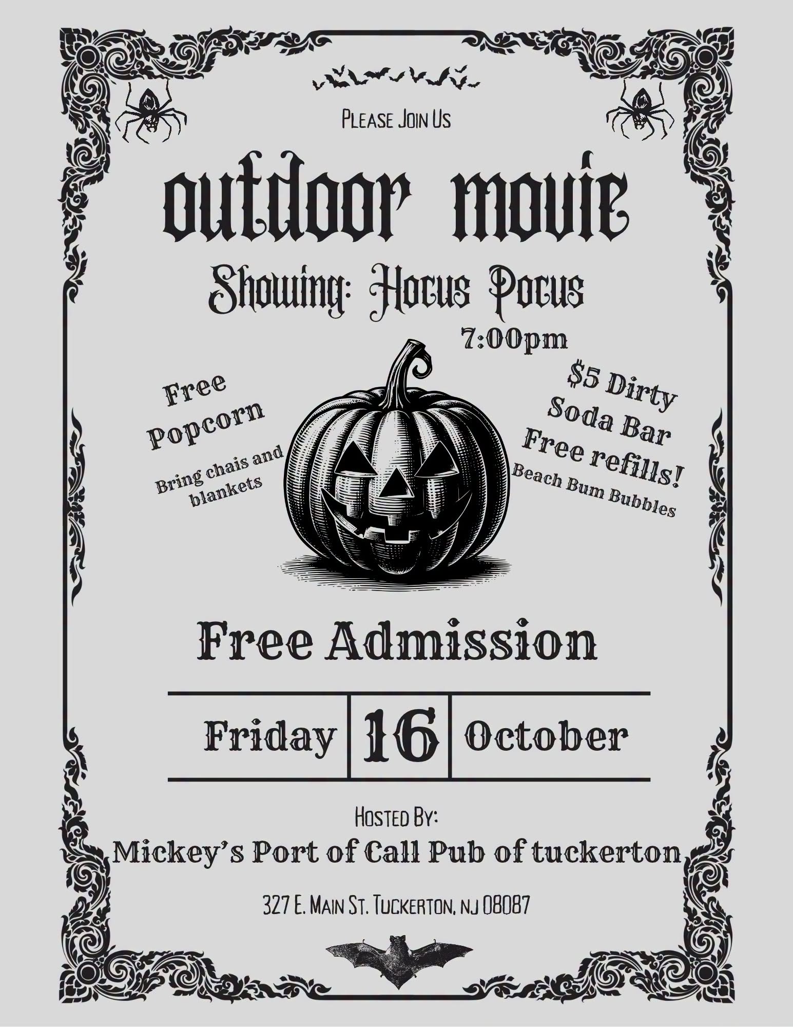 outdoor movie flyer on a gray and black flyer with a jack o lantern, spiders and a bat