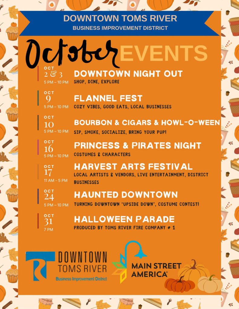 Orange flyer with list of October events for Downtown Toms River