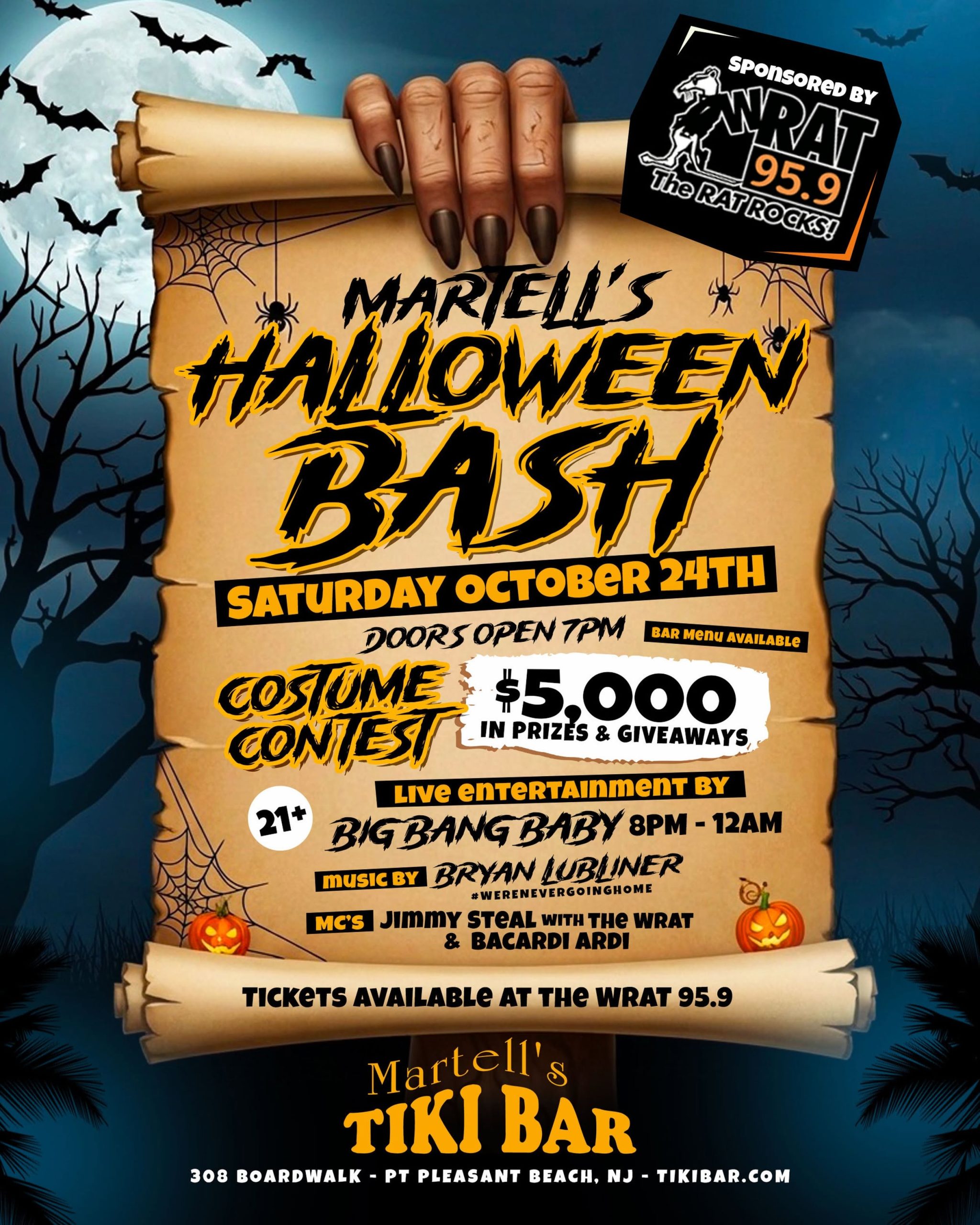 Halloween-themed flyer for Martell’s Tiki Bar in Point Pleasant Beach, NJ, advertising a 21+ Halloween Bash on Saturday, October 24. Doors open at 7 p.m., with a costume contest offering $5,000 in prizes and giveaways, live entertainment by Big Bang Baby from 8 p.m. to midnight, music by Bryan Jubliner, and MCs Jimmy Steal with the WRAT and Bacardi Ardi. Tickets are available through WRAT 95.9. Address: 308 Boardwalk, Point Pleasant Beach, NJ.