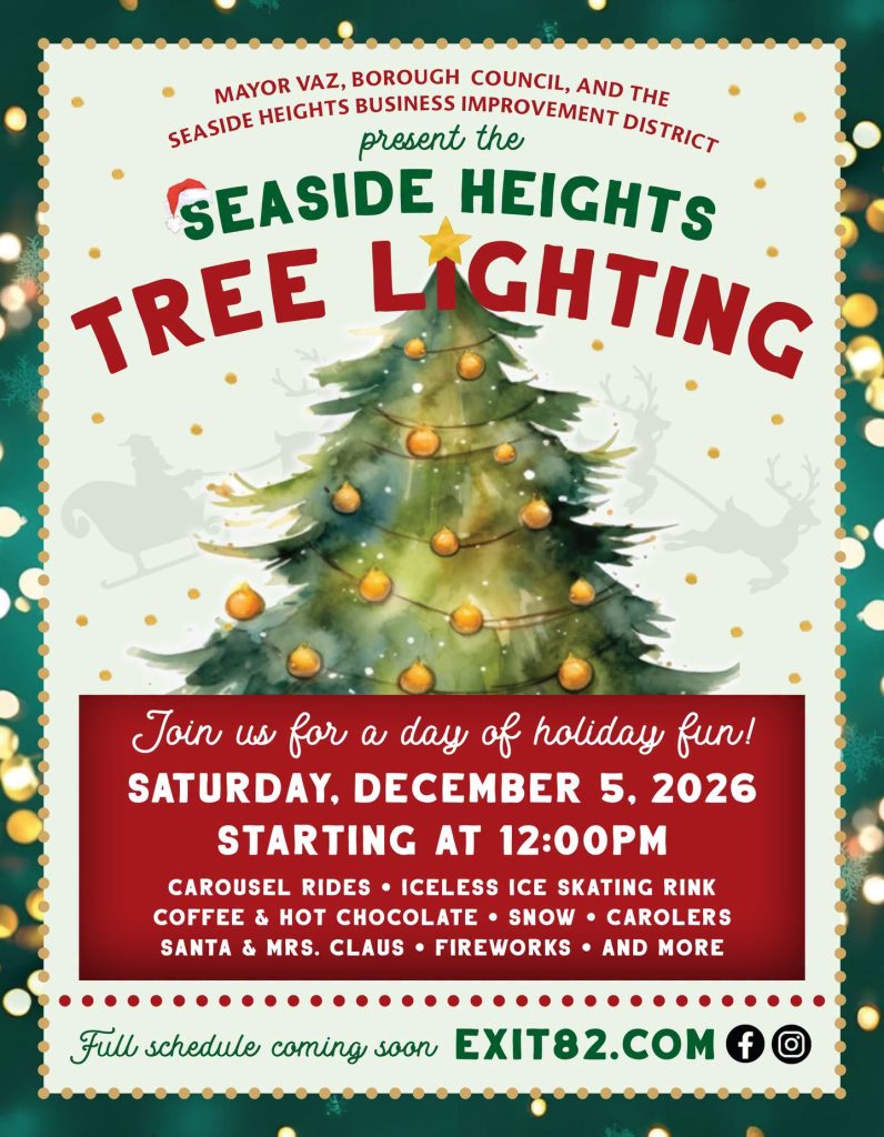 Seaside Heights Christmas Tree Lighting flyer with a picture of a Christmas Tree with a gold star and gold ornaments 