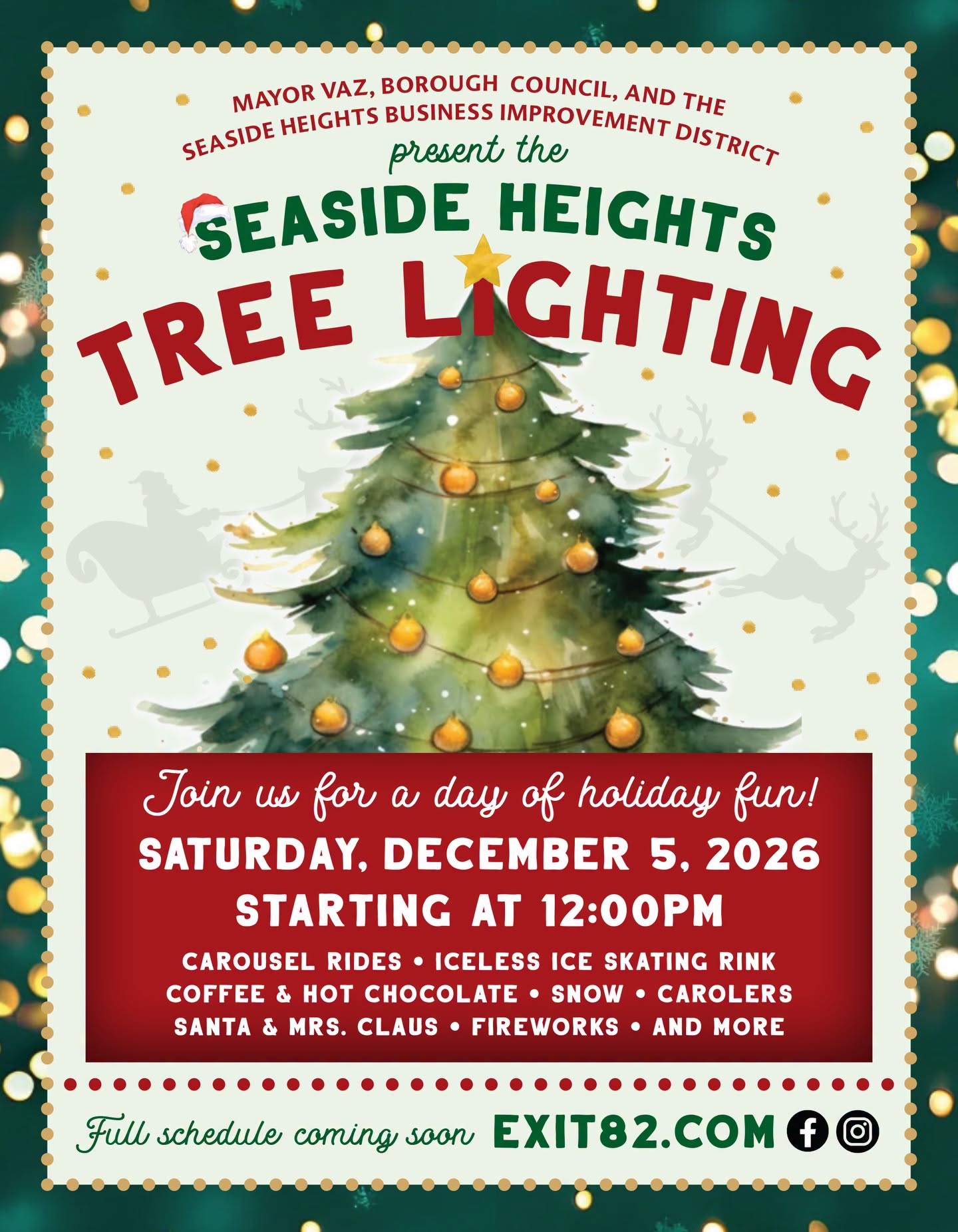 Seaside Heights Christmas Tree Lighting flyer with a picture of a Christmas Tree with a gold star and gold ornaments