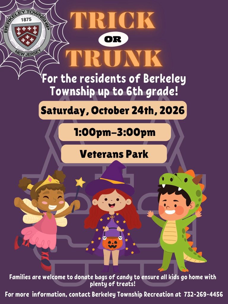 Trick or Trunk flyer for Berkeley township with a purple background and graphic of children in Halloween costumes 