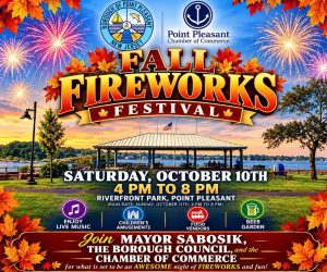 Fall Fireworks festival flyer for Point Pleasant with a graphic of a pavilion overlooking water in a park 