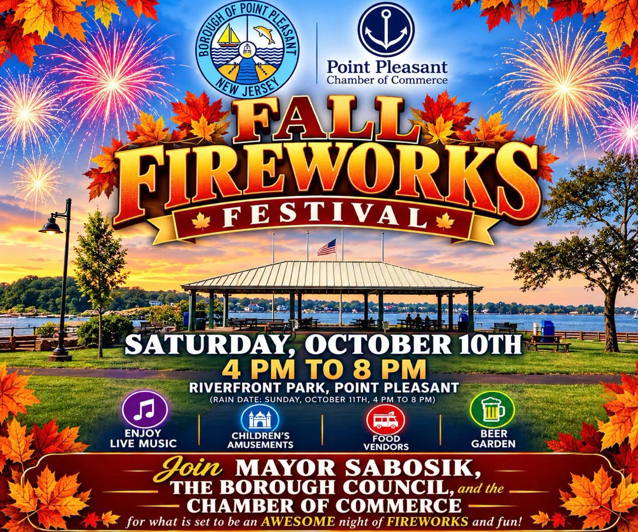 Fall Fireworks festival flyer for Point Pleasant with a graphic of a pavilion overlooking water in a park