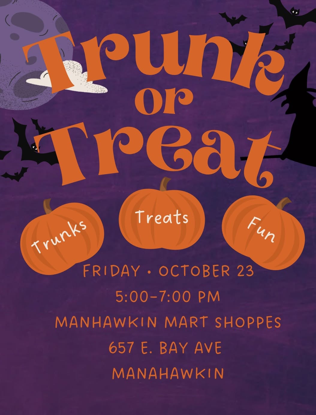 Trunk or treat flyer on purple background with three orange pumpkins