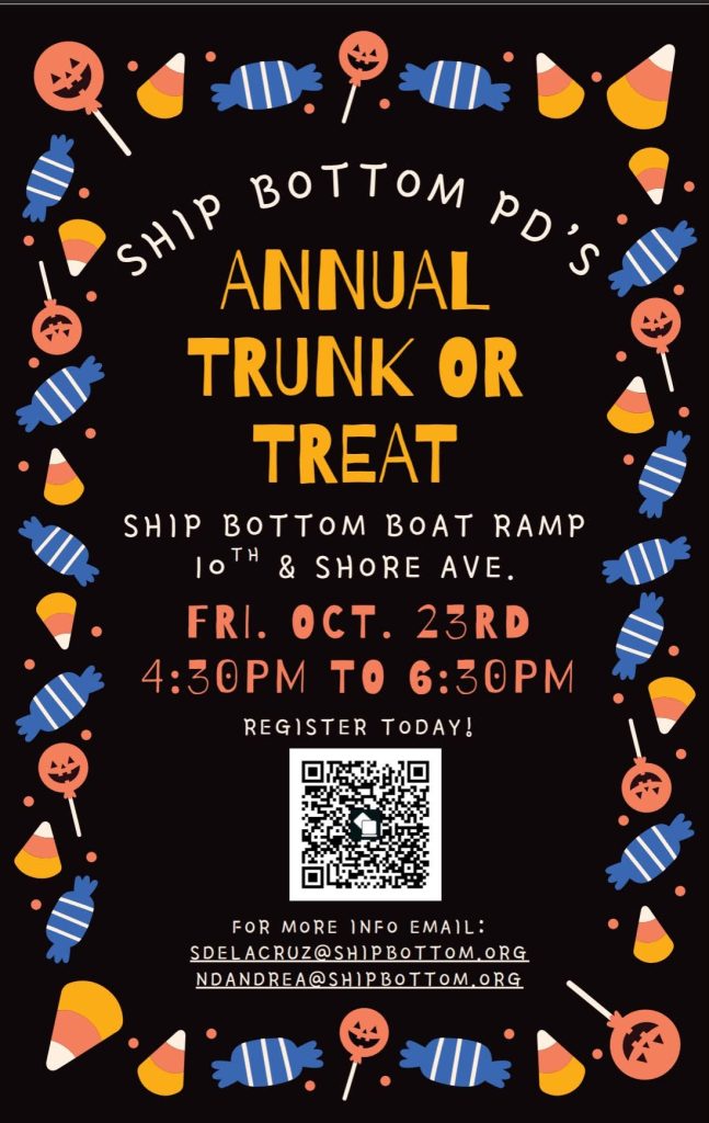 Trunk or Treat flyer for Ship Bottom on a black background with a border of candy 