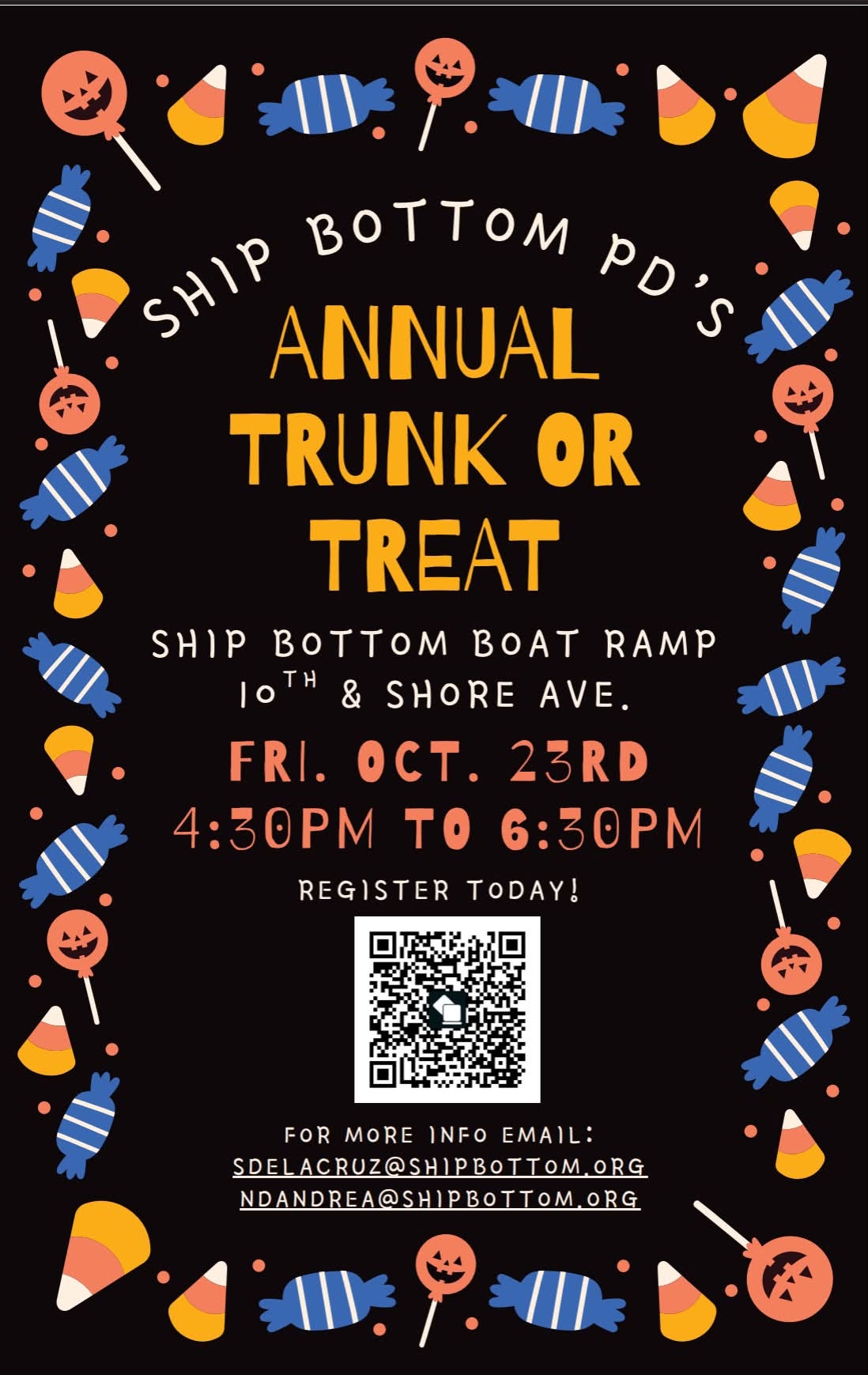 Trunk or Treat flyer for Ship Bottom on a black background with a border of candy