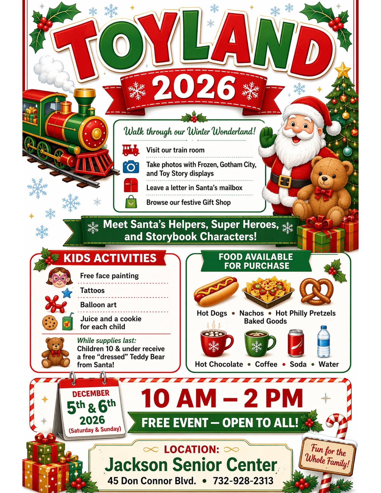 Toyland 2026 flyer with a graphic of Santa Claus holding a teddy bear, presents and a train