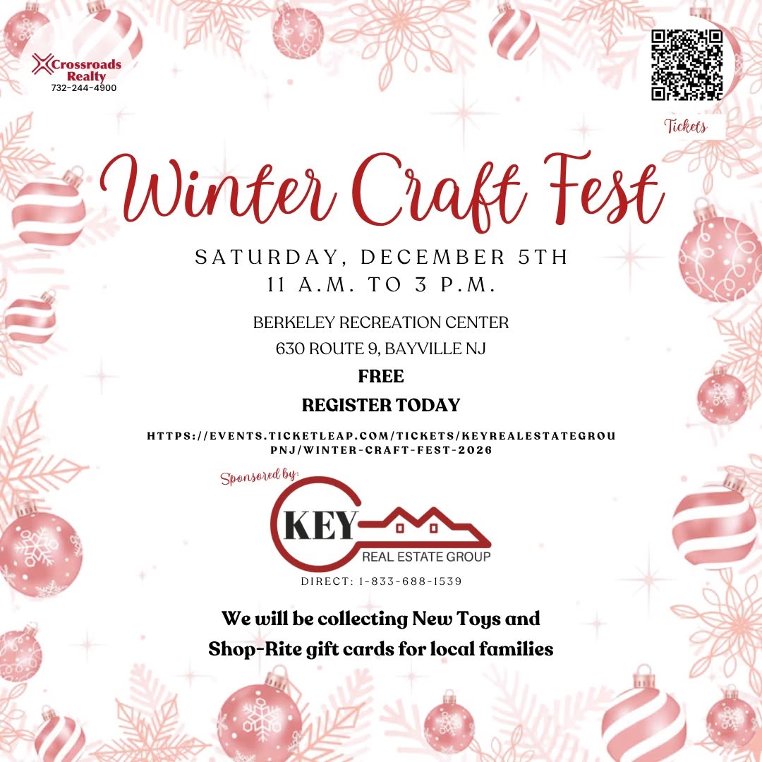 Flyer for the Winter Craft Fest on Saturday, December 5, 2026, from 11 a.m. to 3 p.m. at Berkeley Recreation Center, 630 Route 9, Bayville, NJ. Admission is free, and registration is available online through TicketLeap. The event is sponsored by KEY Real Estate Group, with support from Crossroads Realty. New toys and ShopRite gift cards will be collected to benefit local families. The flyer features a white and pink holiday-themed design with Christmas ornaments, snowflakes, and decorative winter foliage.