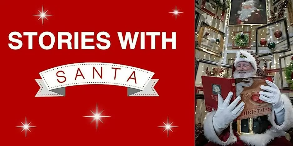 A Christmas-themed graphic with a red background, white sparkling stars, and the words “Stories with Santa.” On the right, Santa Claus, dressed in a traditional red-and-white outfit, reads a Christmas storybook in a room decorated with holiday lights and ornaments.