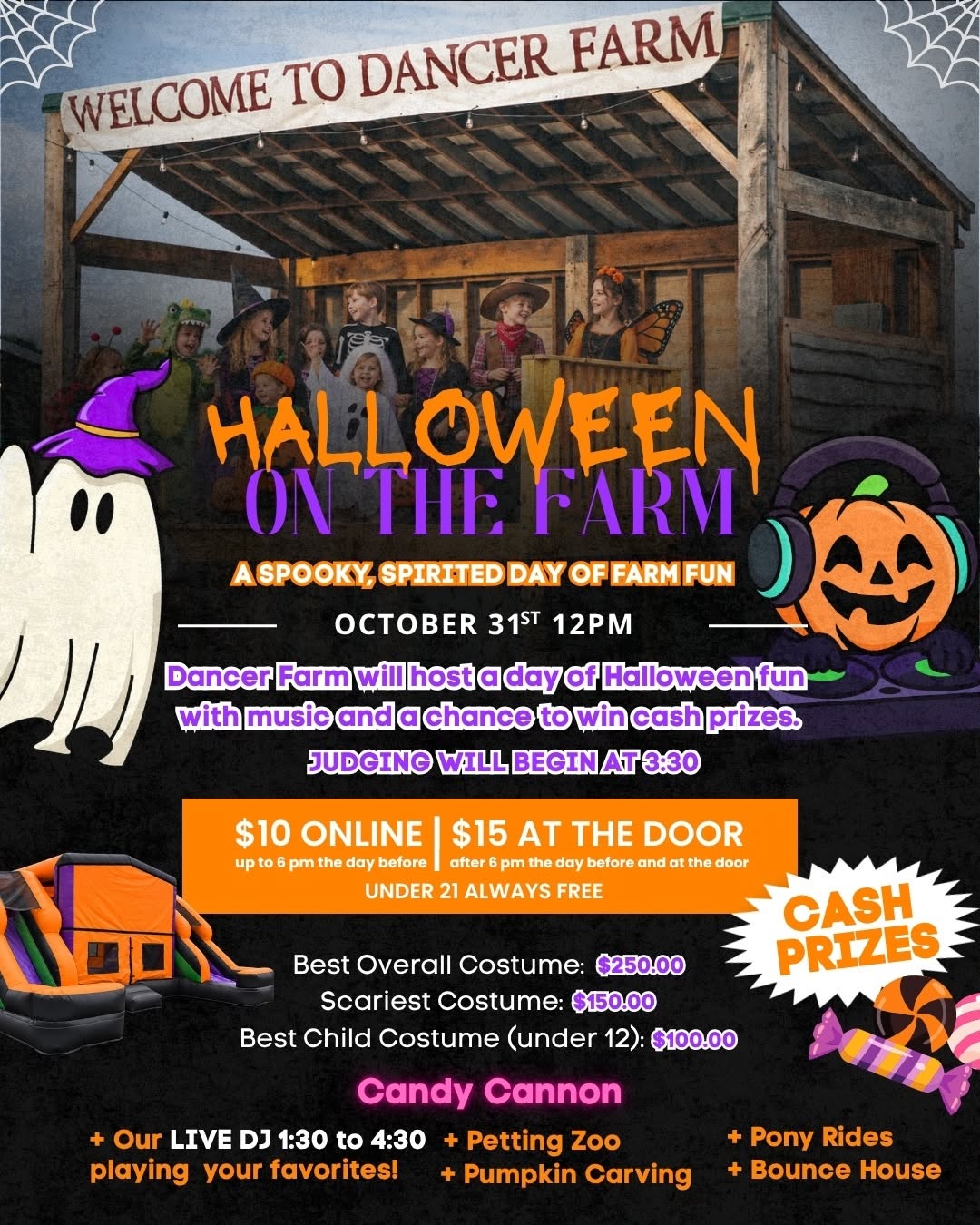 Halloween on the Farm flyer for Dancer Farm. Photo of children in Halloween costumes on a stage