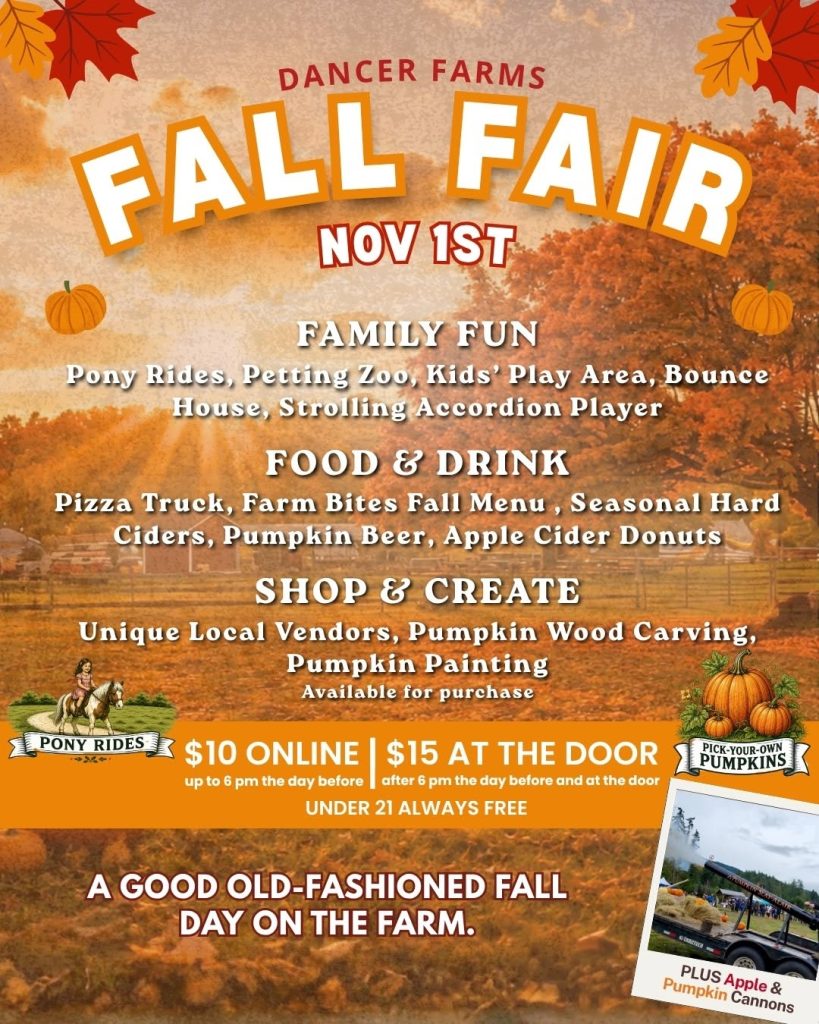 Flyer for Dancer Farms Fall Fair on November 1st, featuring a fall farm background with autumn leaves and pumpkins. Activities include pony rides, a petting zoo, kids’ play area, bounce house, strolling accordion player, pumpkin wood carving, pumpkin painting, and local vendors. Food and drinks include a pizza truck, Farm Bites fall menu, seasonal hard ciders, pumpkin beer, and apple cider donuts. Apple and pumpkin cannons will also be available. Pony ride admission is $10 online until 6 p.m. the day before the event and $15 at the door or for purchases after 6 p.m. the day before. Admission is always free for those under 21. A pick-your-own pumpkin area is also featured. The flyer describes the event as “A Good Old-Fashioned Fall Day on the Farm.”