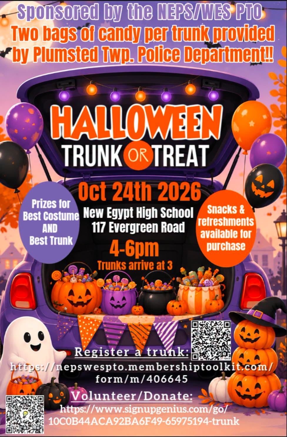 Halloween Trunk or Treat Flyer with graphic of a decorated trunk with Halloween themed balloons, pumpkins and a ghost