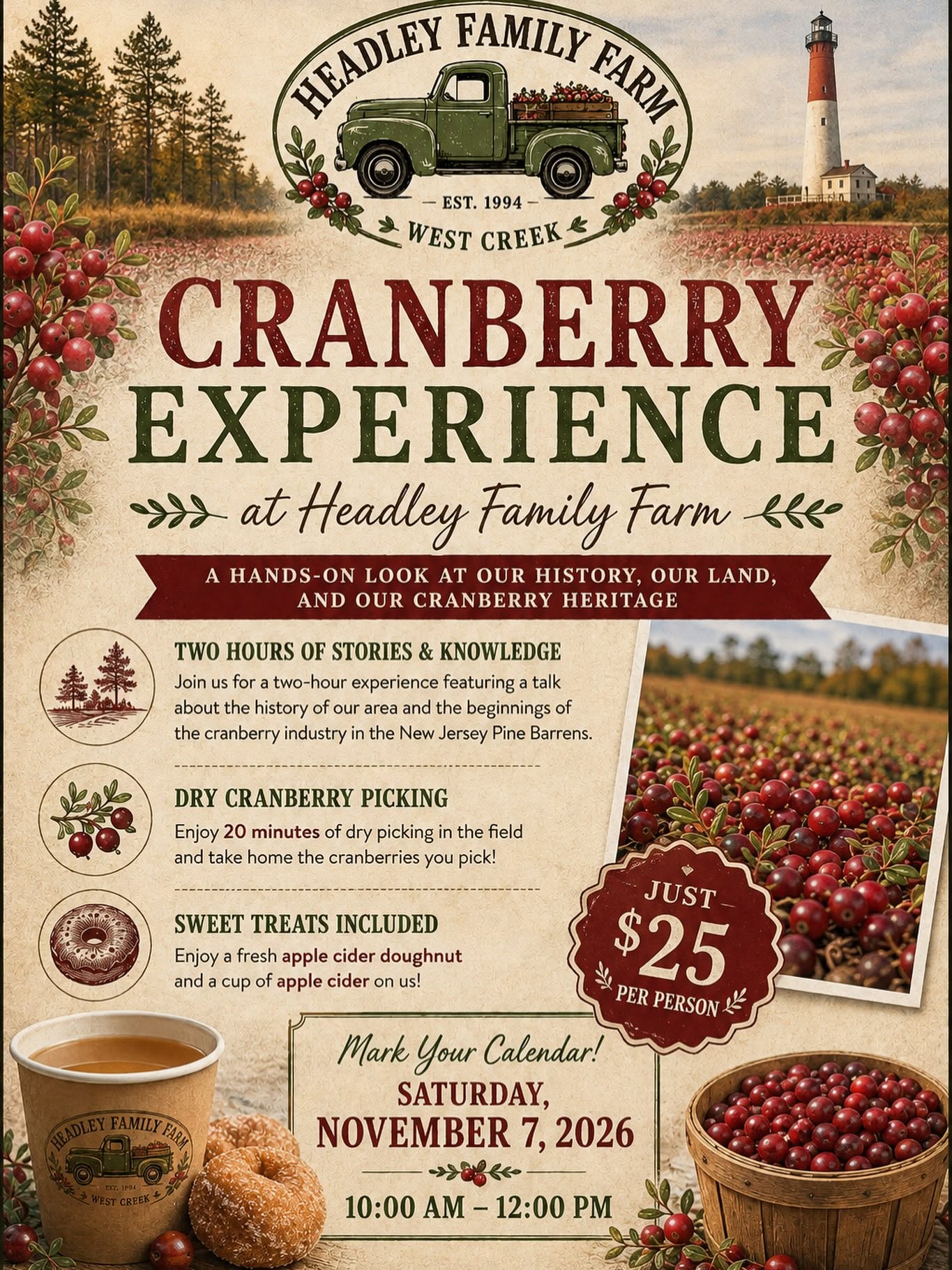 Flyer for the Cranberry Experience at Headley Family Farm in West Creek, offering a hands-on look at local history, the land, and New Jersey cranberry heritage. The two-hour event includes a talk about the area's history and the cranberry industry in the Pine Barrens, 20 minutes of dry cranberry picking with the opportunity to take home the cranberries picked, and a fresh apple cider doughnut and cup of apple cider. The event takes place Saturday, November 7, 2026, from 10 a.m. to 12 p.m. Admission is $25 per person. The rustic flyer features cranberry fields, a vintage green pickup truck, a lighthouse, fresh cranberries, a basket of cranberries, and apple cider with doughnuts.
